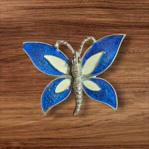 Vintage Florenza Butterfly Brooch Pin With Blue & White Enamel Textured Silver T